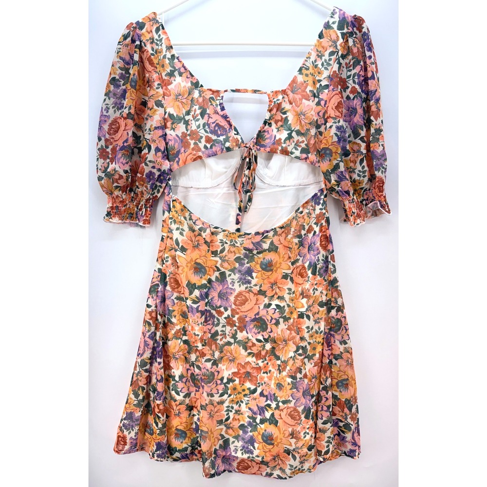 Showpo Floral Puff Sleeve Cut Out Mini Dress Sz US 2 Garden Party Euro Summer - Picture 2 of 10
